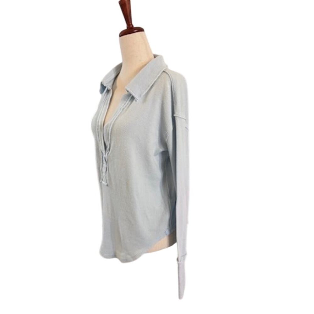 We The Free XS Light Blue Waffle Knit Thermal Top Long Sleeve Oversized